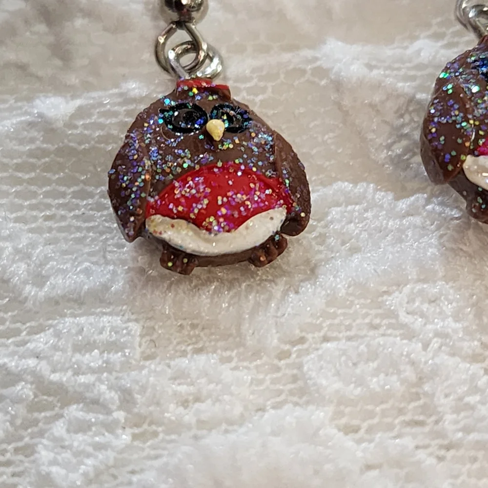 Fun Whimsical Fairycore Glittery Owl Pierced Dangle Drop Wire Earrings